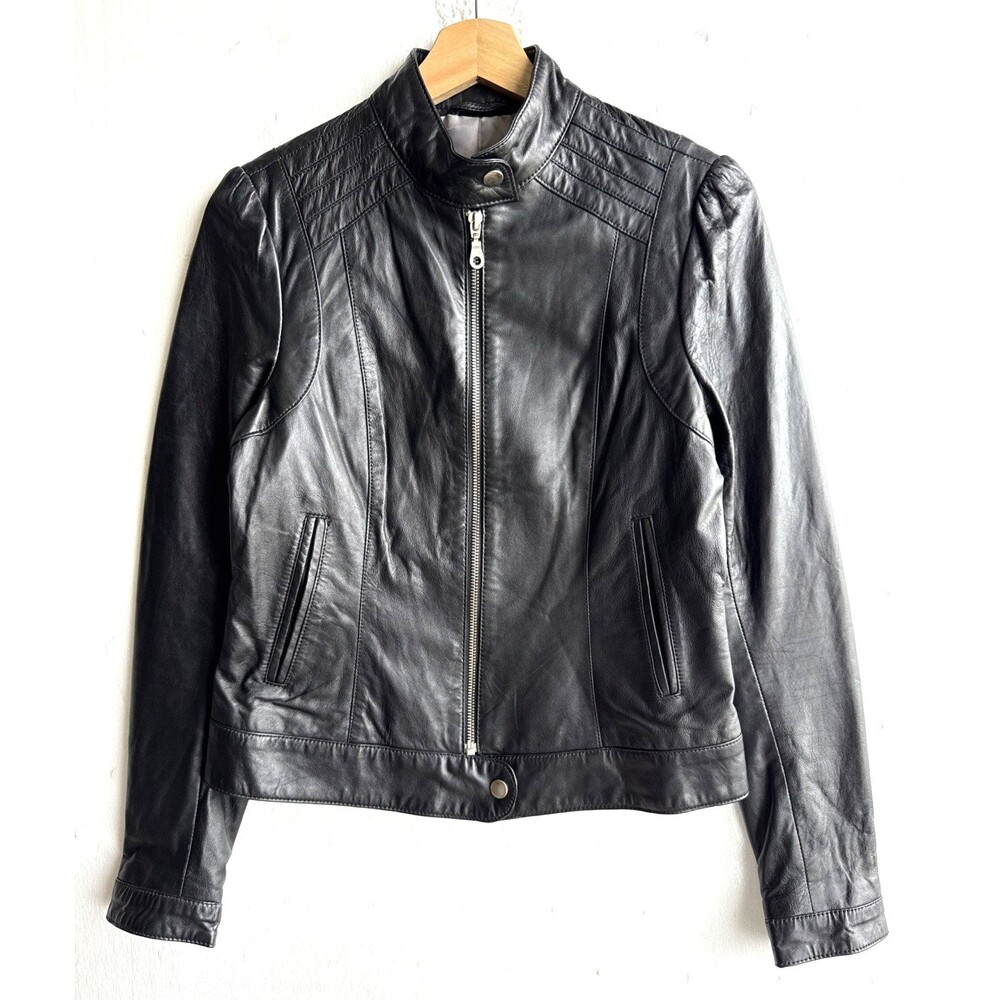 Maanasa Black Leather Moto Jacket Womens Small Zip Up Biker Coat Snap Collar